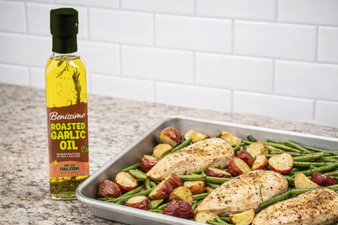 Five sheet pan recipes using our handcrafted Benissimo infused cooking oils