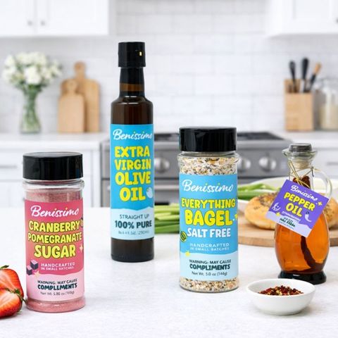 Benissimo food products including olive oil, bagel seasoning, and sugar on a kitchen counter.