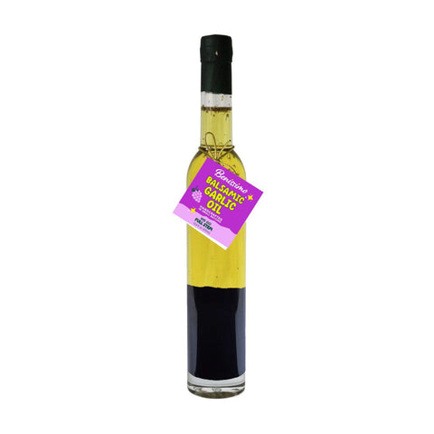 Balsamic garlic oil bottle with a purple label on a white background