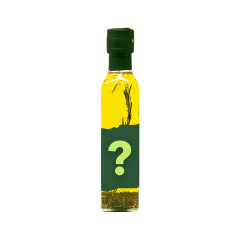 Bottle of olive oil with a green label featuring a question mark on a white background
