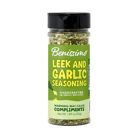 Jar of Benissimo leek and garlic seasoning on a white background