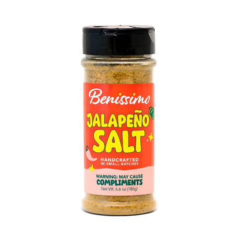 Benissimo Jalapeño salt pet bottle with colorful label on a white background