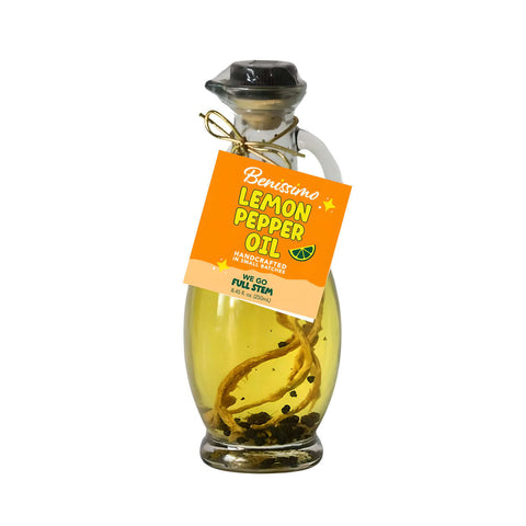 Bottle of lemon pepper oil with a label on a white background
