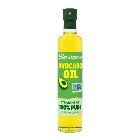 Bottle of Benissimo Avocado Oil on a white background