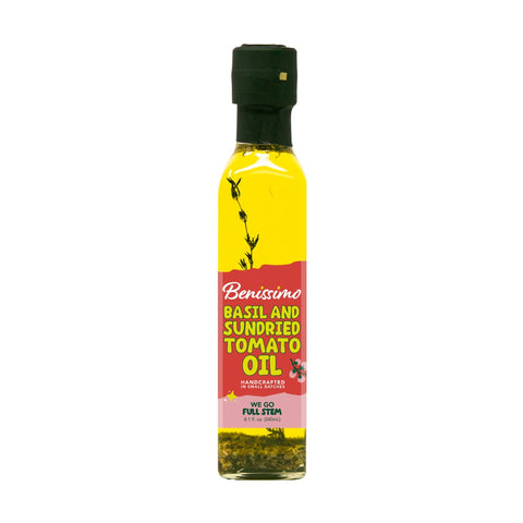Bottle of Benissimo basil and sundried tomato oil on a white background