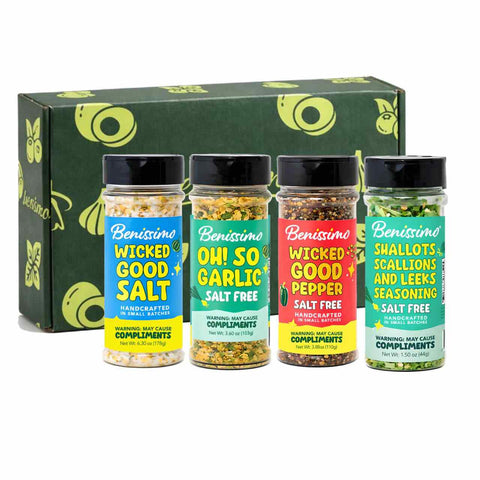 Set of Benissimo seasoning jars with a green box in the background