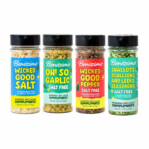 Four jars of Benissimo seasoning with colorful labels on a white background