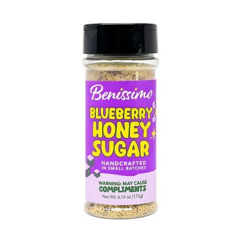 Bottle of Benissimo Blueberry Honey Sugar on a white background
