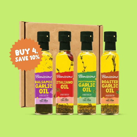 Four bottles of Benissimo oil in a cardboard box with a green background