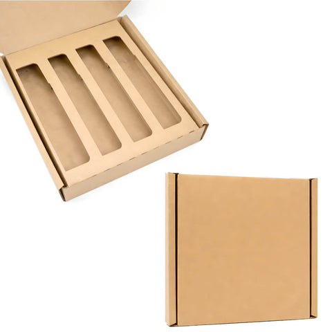 Two cardboard boxes, one open and one closed, on a white background