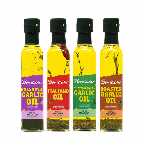 Four bottles of Benissimo oil with colorful labels on a white background