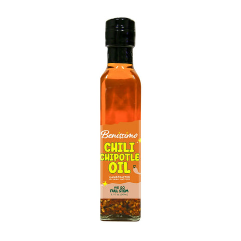 Bottle of Benissimo Chili Chipotle Oil on a white background