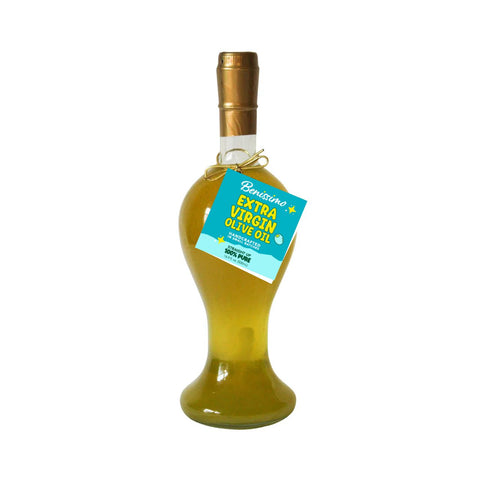 Bottle of extra virgin olive oil with a blue label on a white background