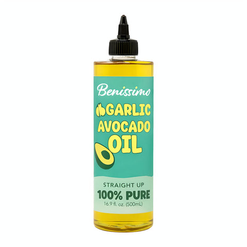 Bottle of Benissimo Garlic Avocado Oil on a white background