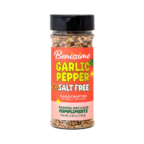 Bottle of Benissimo Garlic Pepper Salt Free on a white background