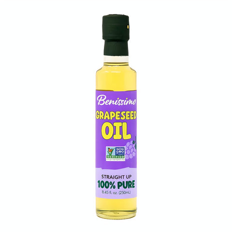 Bottle of Benissimo Grapeseed Oil on a white background