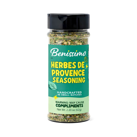Benissimo Herbes de Provence seasoning jar on a white background
