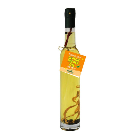 Bottle of Lemon Pepper Oil with a label on a white background