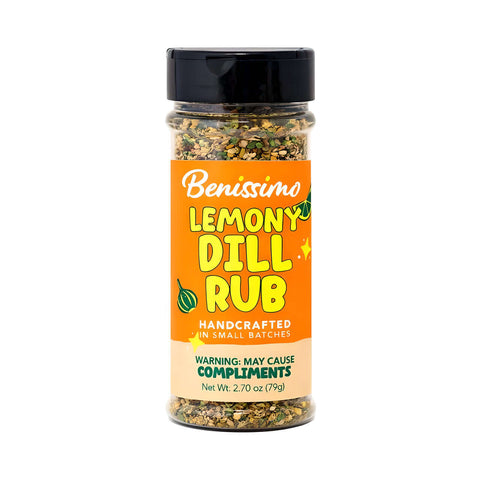 Bottle of Benissimo Lemony Dill Rub on a white background