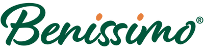 Benissimo logo in green with orange dots on a white background