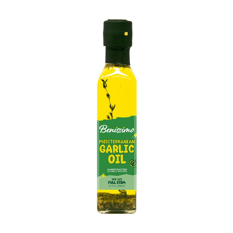 Bottle of Benissimo Mediterranean Garlic Oil on a white background