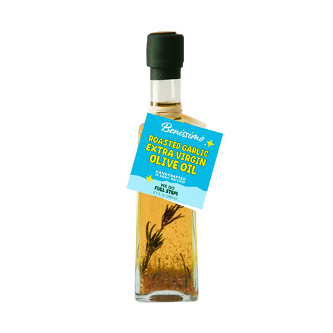 Bottle of Benissimo Roasted Garlic Extra Virgin Olive Oil with a label on a white background