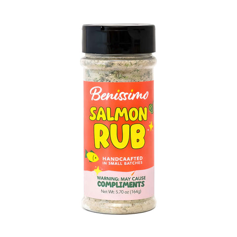 Benissimo Salmon Rub seasoning container on a white background