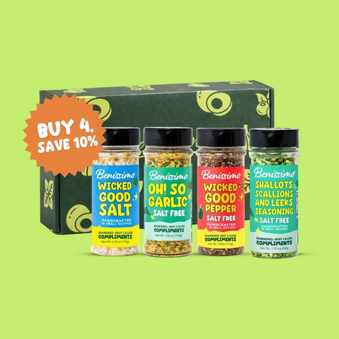 Collection of Benissimo seasoning jars with a promotional box on a green background
