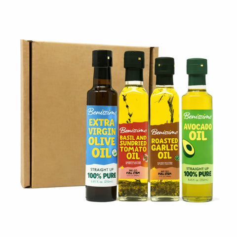 Four bottles of Benissimo oil with labels on a white background