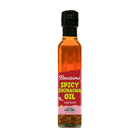 Bottle of Benissimo Spicy Sriracha Oil on a white background