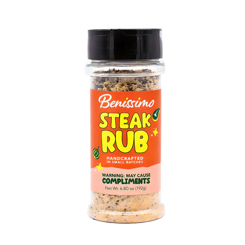 Benissimo Steak Rub seasoning pet bottle on a white background