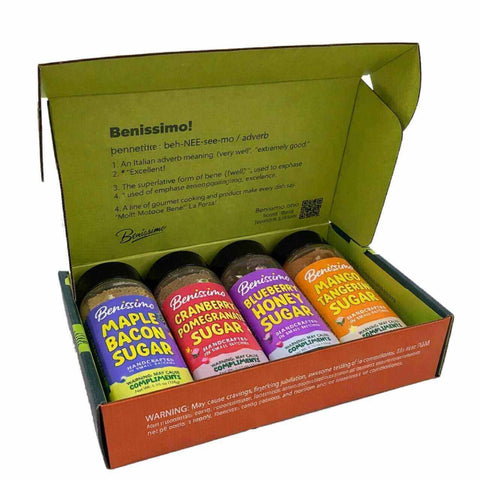 Box of Benissimo sugar products with colorful labels on a white background