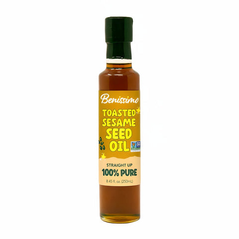 Bottle of Benissimo toasted sesame seed oil on a white background