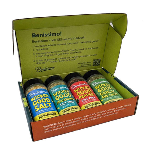 Box of Benissimo seasoning bottles with colorful labels on a white background