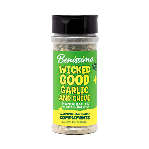 Benissimo Wicked Good Garlic and Chive seasoning container on a white background