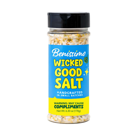 Bottle of Benissimo Wicked Good Salt on a white background