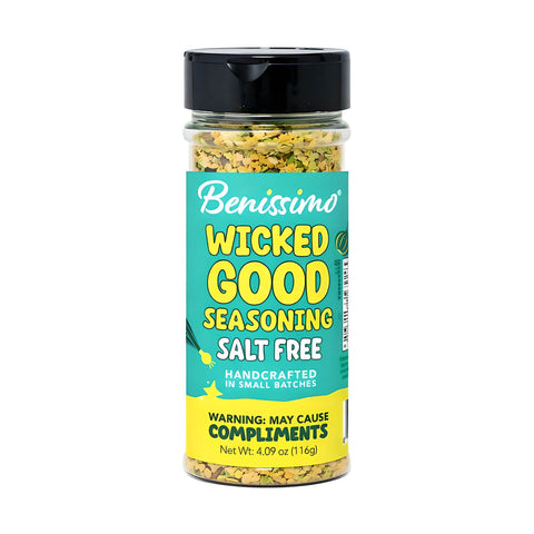 Benissimo Wicked Good seasoning salt-free container on a white background
