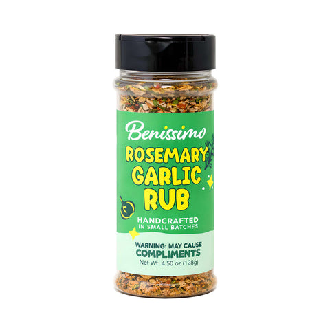 Spice jar labeled 'Benissimo Rosemary Garlic Rub' on a white background