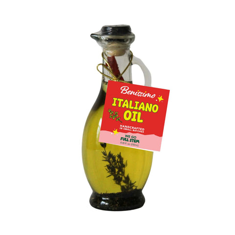 Bottle of Benissimo Italiano Oil with a red label on a white background