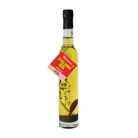Bottle of italiano flavored olive oil with a red label on a white background