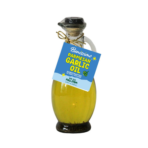 Bottle of Parmesan Garlic Oil with a blue label on a white background