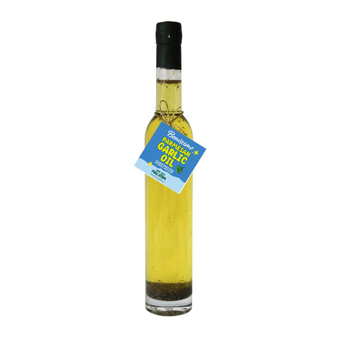 Bottle of Balsamic Garlic Oil with a blue label on a white background