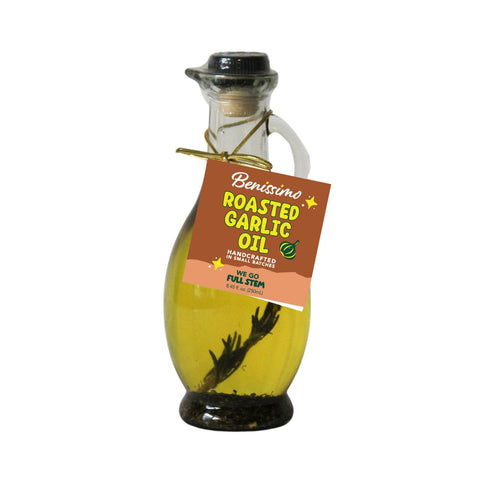 Bottle of Benissimo Roasted Garlic Oil with a label on a white background