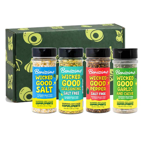 Four jars of Benissimo Wicked Good seasoning with a green box in the background.